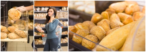 Preview: Collage Of Woman Chooses Bread At Supermarket. Concept Of Conscious Choice Of Quality Products