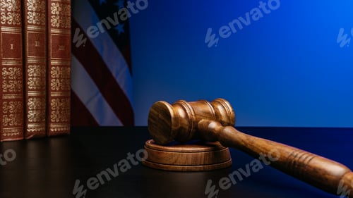 Preview: Gavel on court desk on background of USA flag