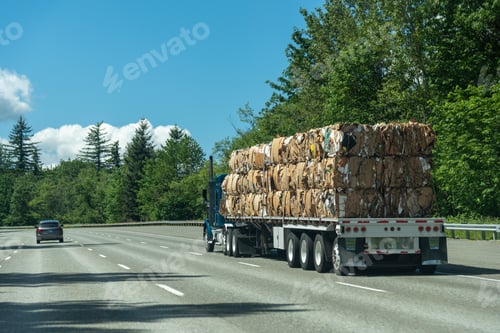 Vista previa: Highway interstate driving with semi truck transporting recyclable cardboard boxes