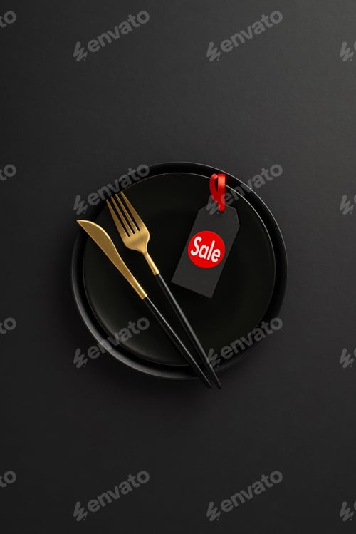 Preview: Diner Black Friday sales backdrop. Top view vertical pic of dishes, "sale" tag