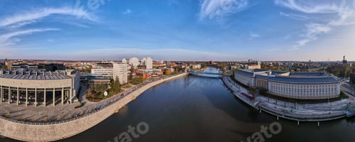 Preview: Wroclaw panorama with car bridge over Odra river, aerial view