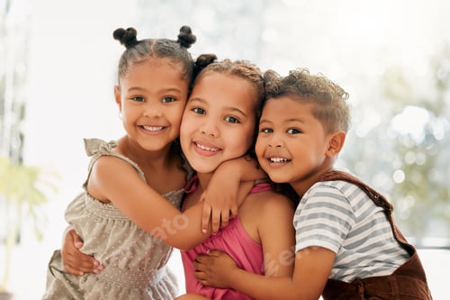 Preview: Siblings, boy and girl children hugging and bonding together as a happy family indoors during summe