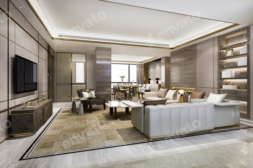 Preview: 3d rendering loft luxury living room with bookshelf near dining table