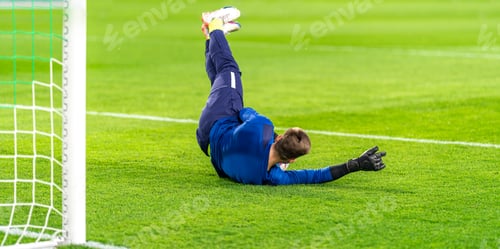 Preview: goalkeeper catches the ball in the goal in a soccer match