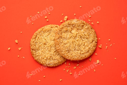 Preview: Two oatmeal cookies, top view with copy space