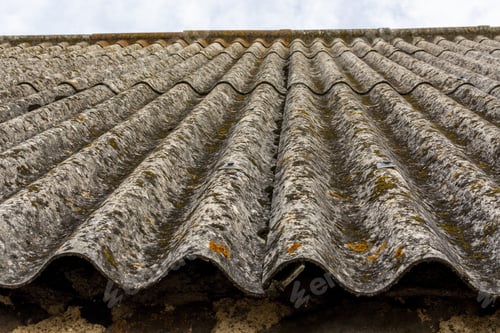 Preview: Closeup shot of roof tiles covered in rust under the the cloudy sky