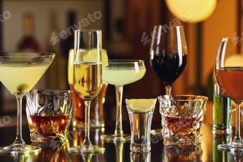 Preview: Different alcohol drinks on table in bar