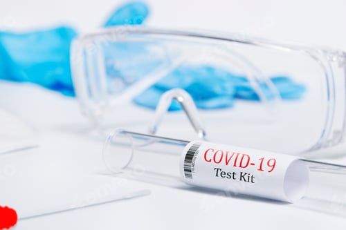 Preview: Closeup of a nasal swab, medical gloves, and glasses isolated on a white background