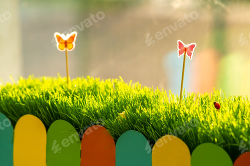 Preview: Close up of small green grass with special cute toys small butterflies. Concept of beautiful plants