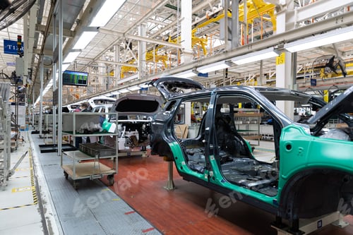 Preview: Photo of automobile production line. Welding car body. Modern car assembly plant. Auto industry