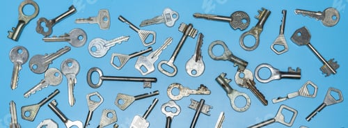 Preview: Keys set on blue background. Door lock keys and safes for property security and house protection