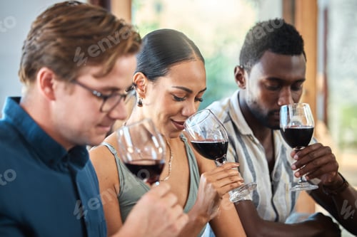 Preview: Diversity, luxury and friends wine tasting at a restaurant or vineyard, smelling alcohol in a glass