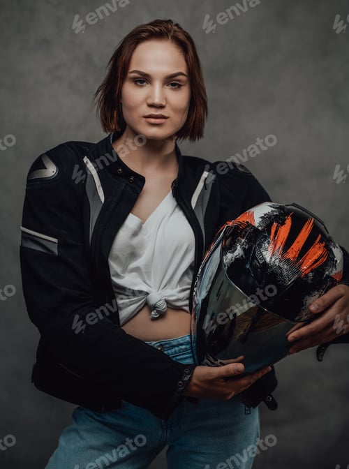 Preview: Woman Holding a Helmet in a Studio Portrait