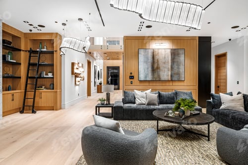 Preview: Modern living room with stylish furniture and wooden accents