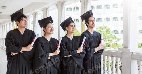 Preview: Man and woman graduated holding certificate standing in line in front of university building