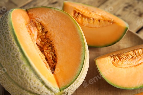 Preview: Tasty fresh cut melons on wooden tray, closeup