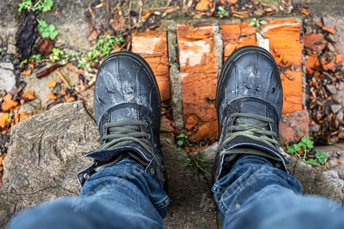 Preview: Top view, men's boots in nature, travel concept.