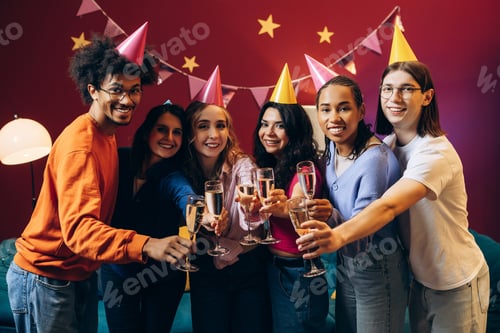 Visualização: Amigos diversos comemorando a festa de aniversário, brindando com taças de champanhe