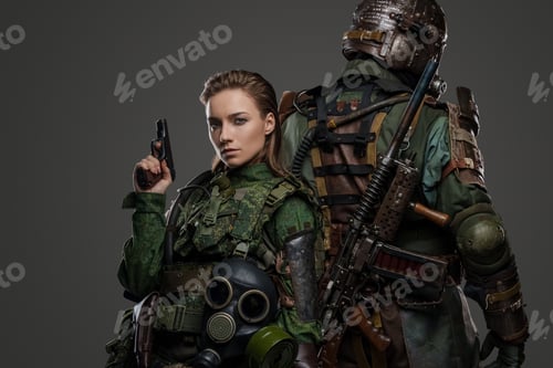Preview: Futuristic female and male soldiers in setting of post apocalypse