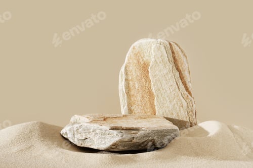 Preview: Stone podium mock up for product cosmetic with sand