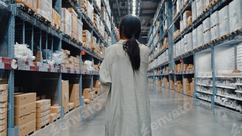 Preview: Asia businesswoman manager wear face mask looking for goods using digital tablet checking.