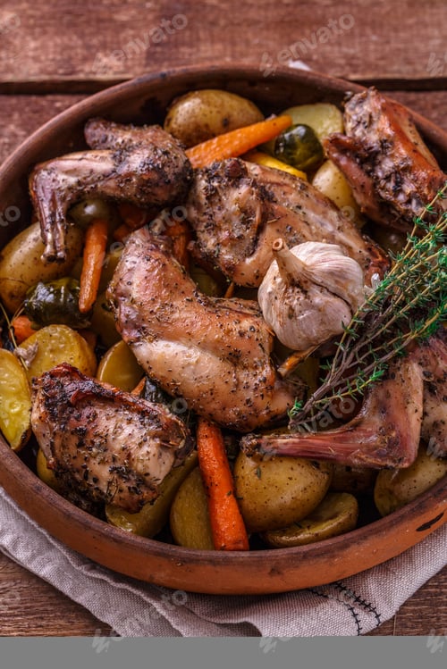 Preview: Close view of rabbit and potatoes in a pot