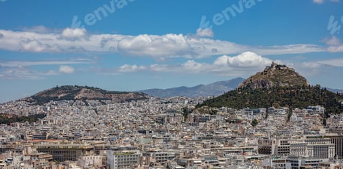 Preview: Mount Lycabettus and Athens cityscape view from Acropolis hill in Greece, blue sky, sunny day.