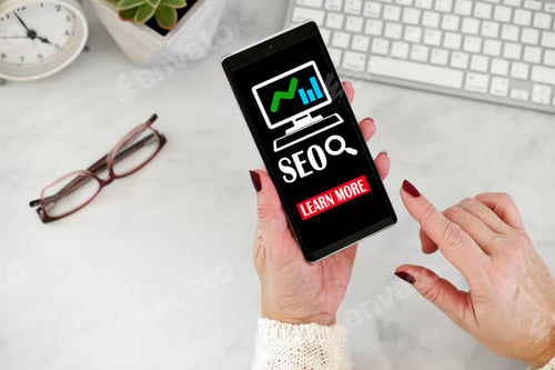 Preview: Search engine optimization concept - SEO with magnifying glass on phone screen, learn more
