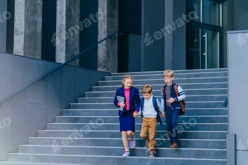 Preview: Happy pupil preteen girl and her two friends are going to school.