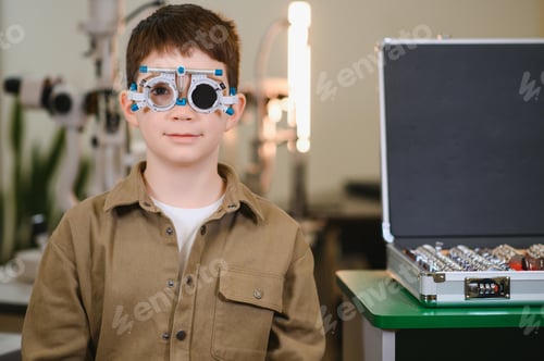 Preview: Boy undergoing eyesight examination with trial frame in ophthalmology clinic