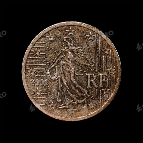 Preview: Closeup shot of the French 50 euro cent coin isolated on the black background