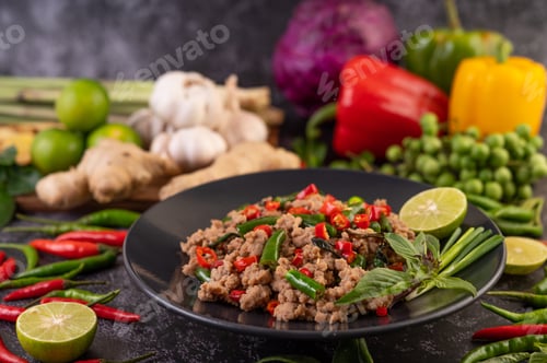 Preview: Stir-fried pork basil on banana leaves in a black dish.