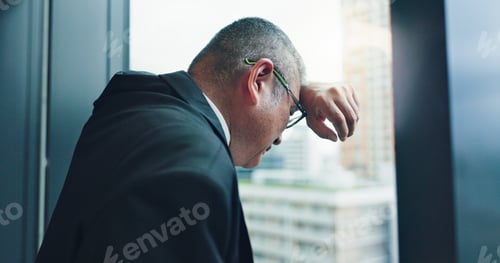 Preview: Loss, window or businessman with stress, pressure or debt for bankruptcy, depression or worry. Glas