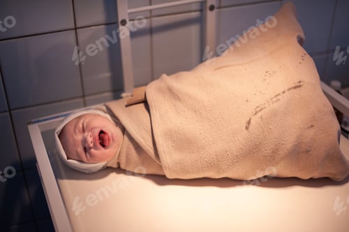 Preview: a newborn baby on the first day of its birth in the maternity hospital