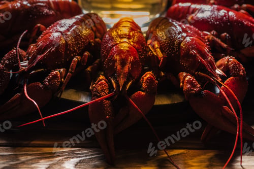 Preview: selective focus of plate with red lobsters and glass of beer on wooden surface