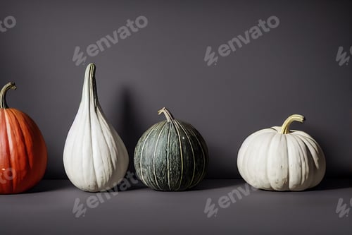 Preview: different gourd colours and shapes side by side on a studio minimal photoshoot, dark background