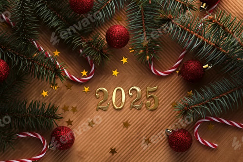 Preview: New Year 2025 beige background. Number of the coming year in Christmas decoration.
