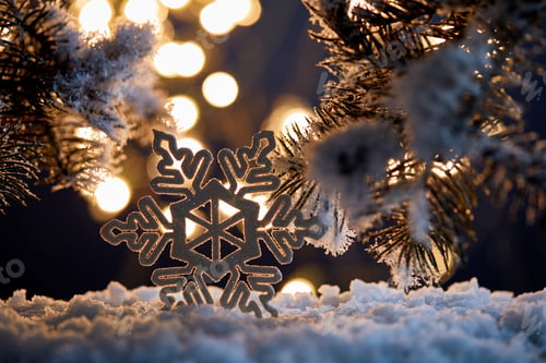 Preview: close up of decorative snowflake with spruce branches in snow with blurred christmas lights