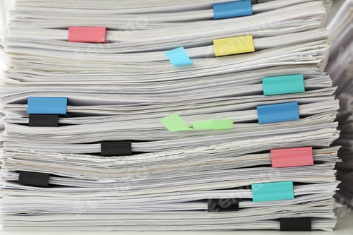 Preview: Stack of documents with paper clips, closeup