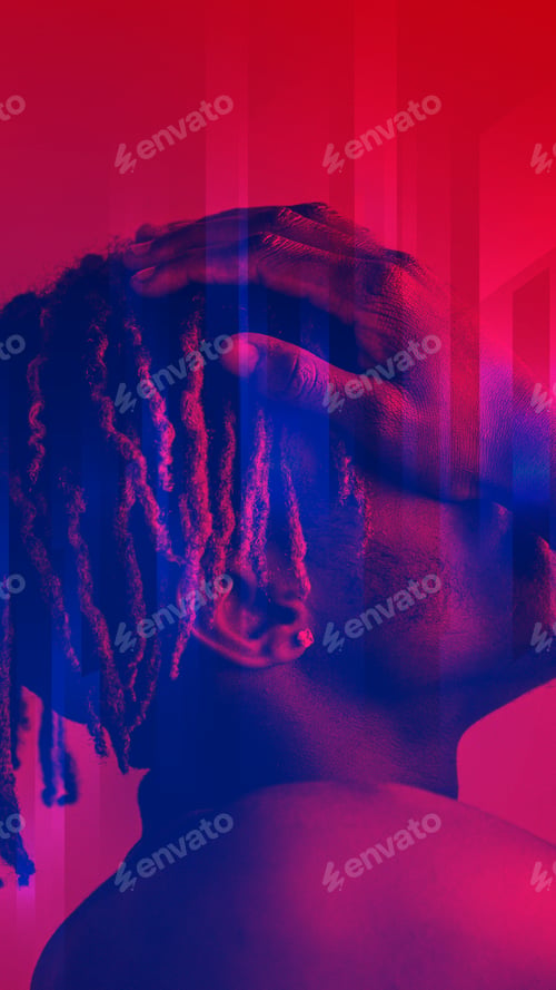 Preview: Black man covering his face on a red background