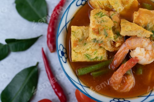 Preview: Hot and sour soup with cha-om, egg, and shrimp in a white bowl.