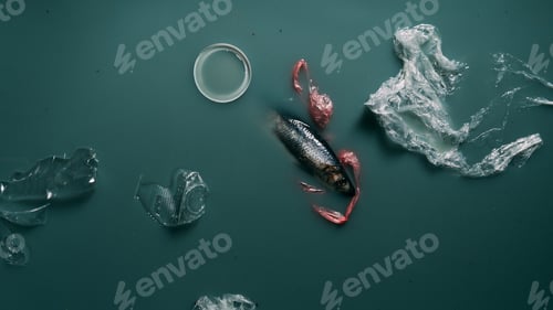 Preview: top view of fish, plastic bottles and packages flowing in water, ecology protection concept
