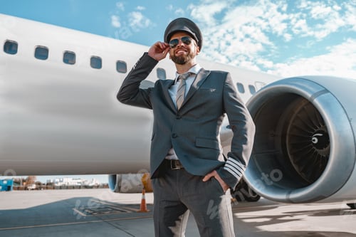 Preview: Joyful aircraft pilot standing outdoors at airfield