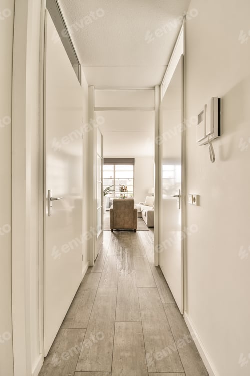 Preview: Narrow corridor with doors and lamp
