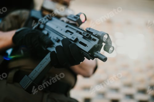 Preview: Soldier holding a modern assault rifle with tactical accessories