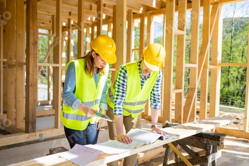 Preview: Construction engineer and architect consult plans on building site