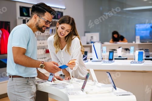 Preview: Shopping a new digital device. Happy couple buying a smartphone in store