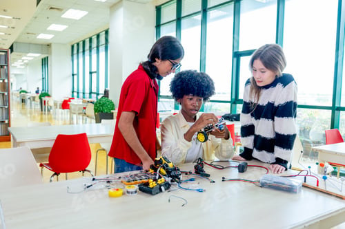 Preview: Multiracial teen boy explain about how to assemble the robot and discuss with the girls