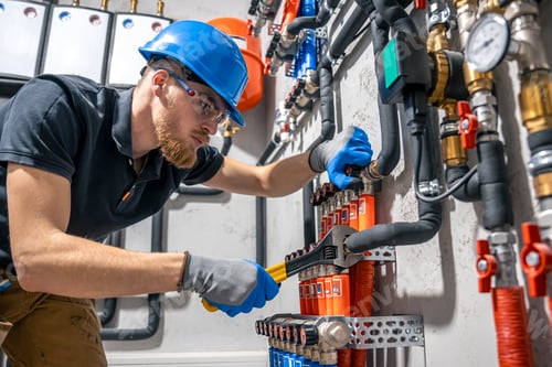 Preview: The technician checking the heating system in the boiler room.