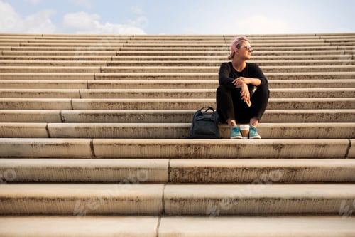 Preview: Woman sitting on steps outdoors